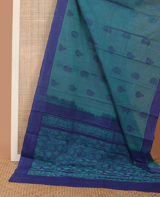 Blue unique buttas kanchi cotton saree, contrast plain border & pallu of lotus vine designs