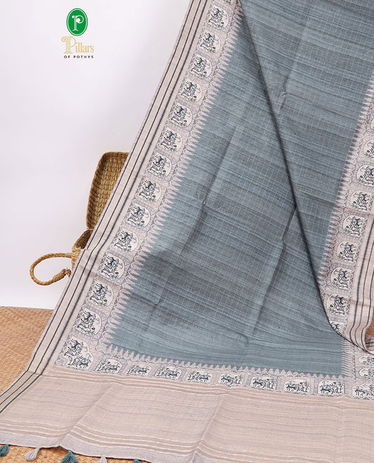 Green  checked semi-banaras tussar saree with contrast jacquard border & striped pallu