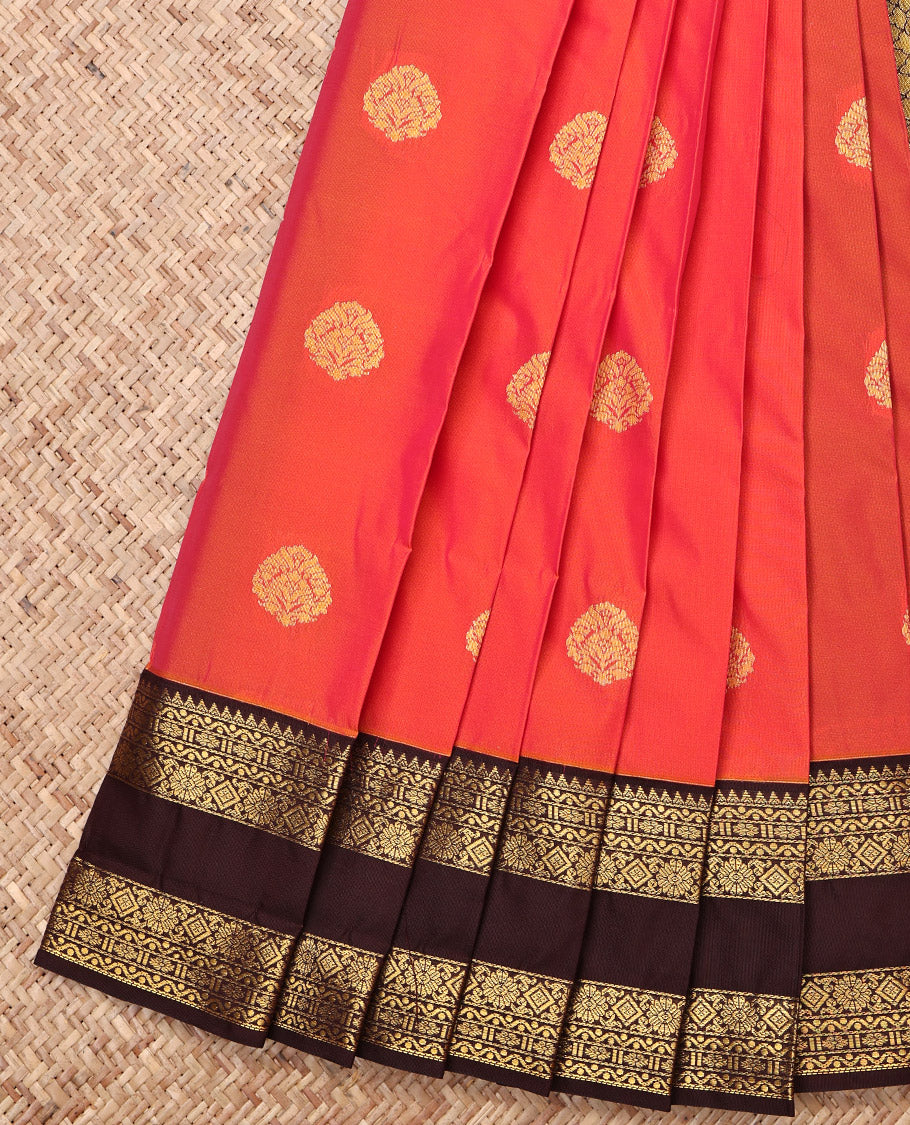 Pink Gift Saree, Accentuated with Zari Buttas All Over Its Body, Complemented by a Contrast Traditional Zari Design Border, Grand Pallu of Jaal Designs, and Paired with a Contrast Blouse