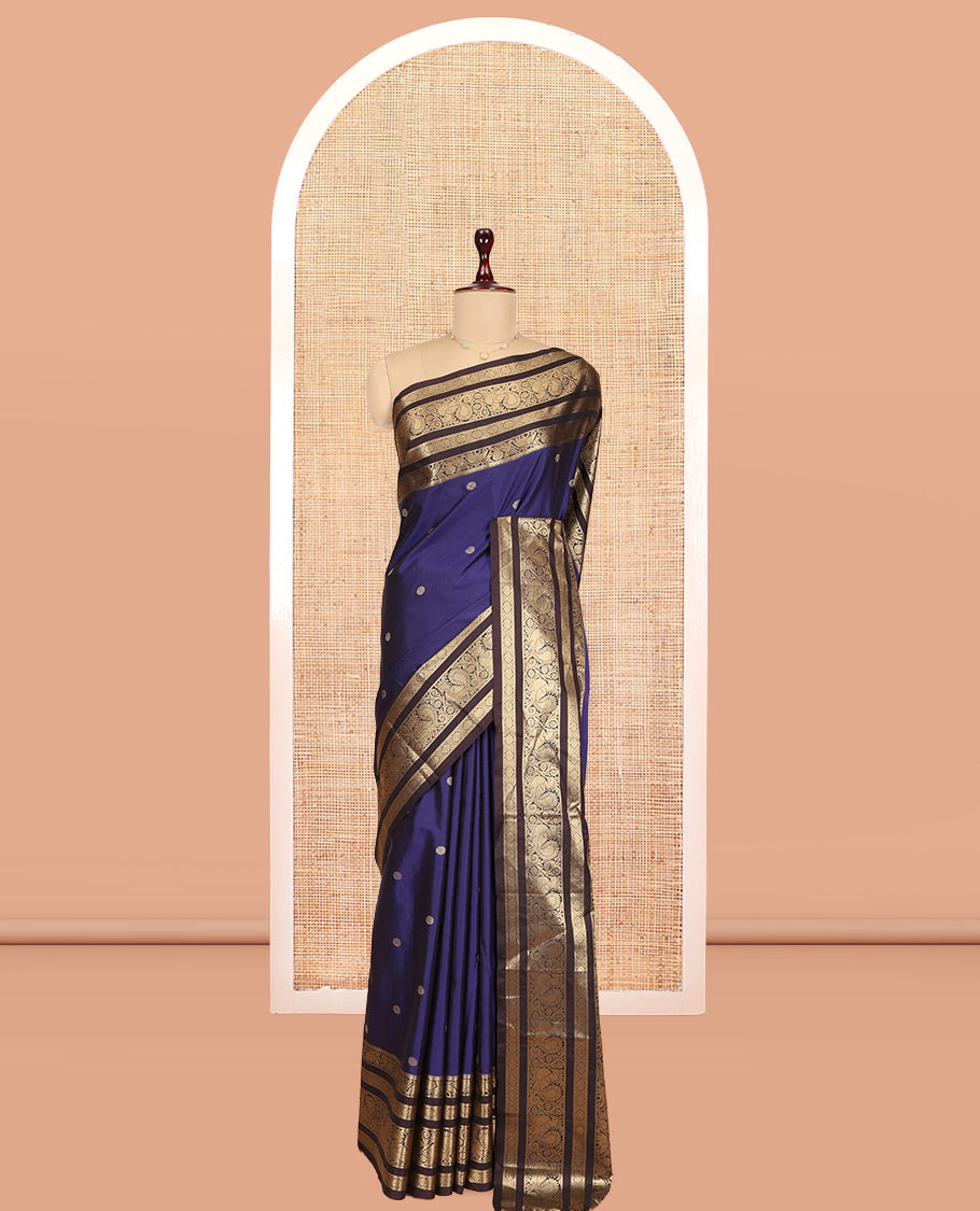 Navy Blue-Coffee Brown Zari Buttas Budget Silk Saree, Contrast Traditional Border, Grand Pallu, a Contrast Blouse