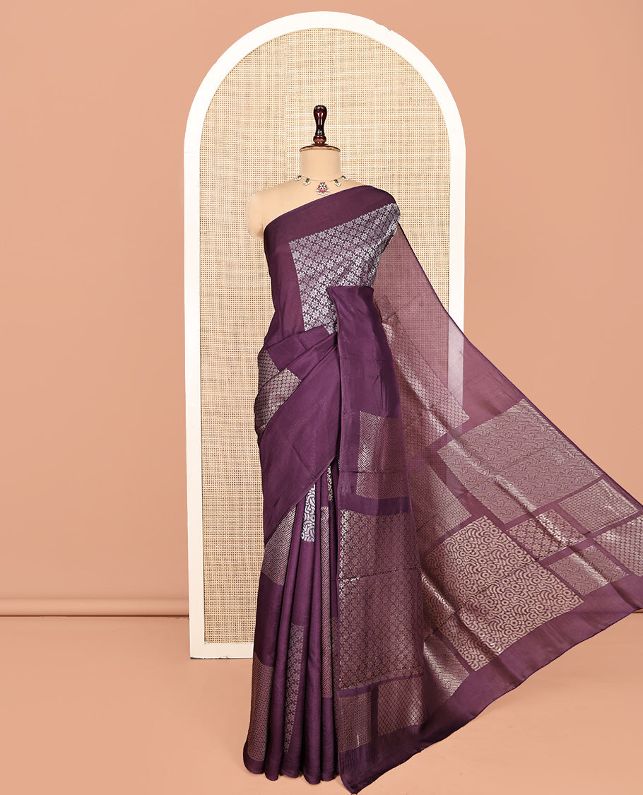 Borderless Purple Chanderi Cotton Saree, Steeped in the Richness of Zari Big Square Buttas All Over Its Body, Highlighted by Geometric Patterned Pallu and Paired with a Matching Brocade Blouse