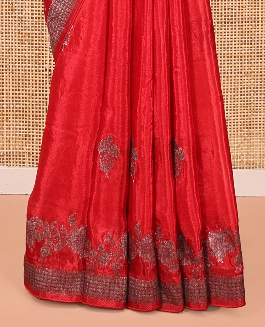 Red HO-Silk Saree, Adorned with Floral Zari Buttas All Over Its Body, Highlighted by Self-Border of Floral Creeper Designs, Floral Jaal Pallu and Paired with a Plain Blouse