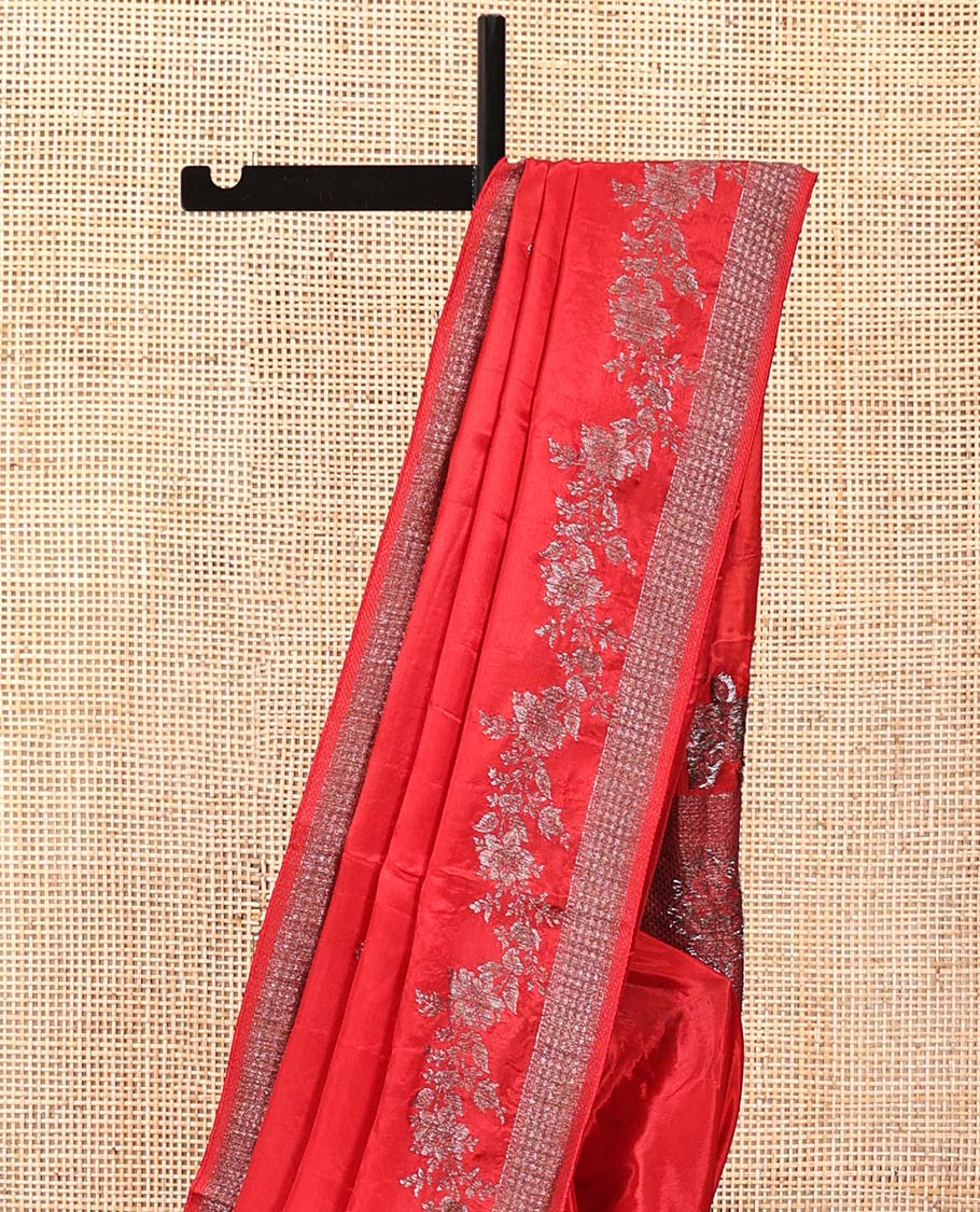 Red HO-Silk Saree, Adorned with Floral Zari Buttas All Over Its Body, Highlighted by Self-Border of Floral Creeper Designs, Floral Jaal Pallu and Paired with a Plain Blouse