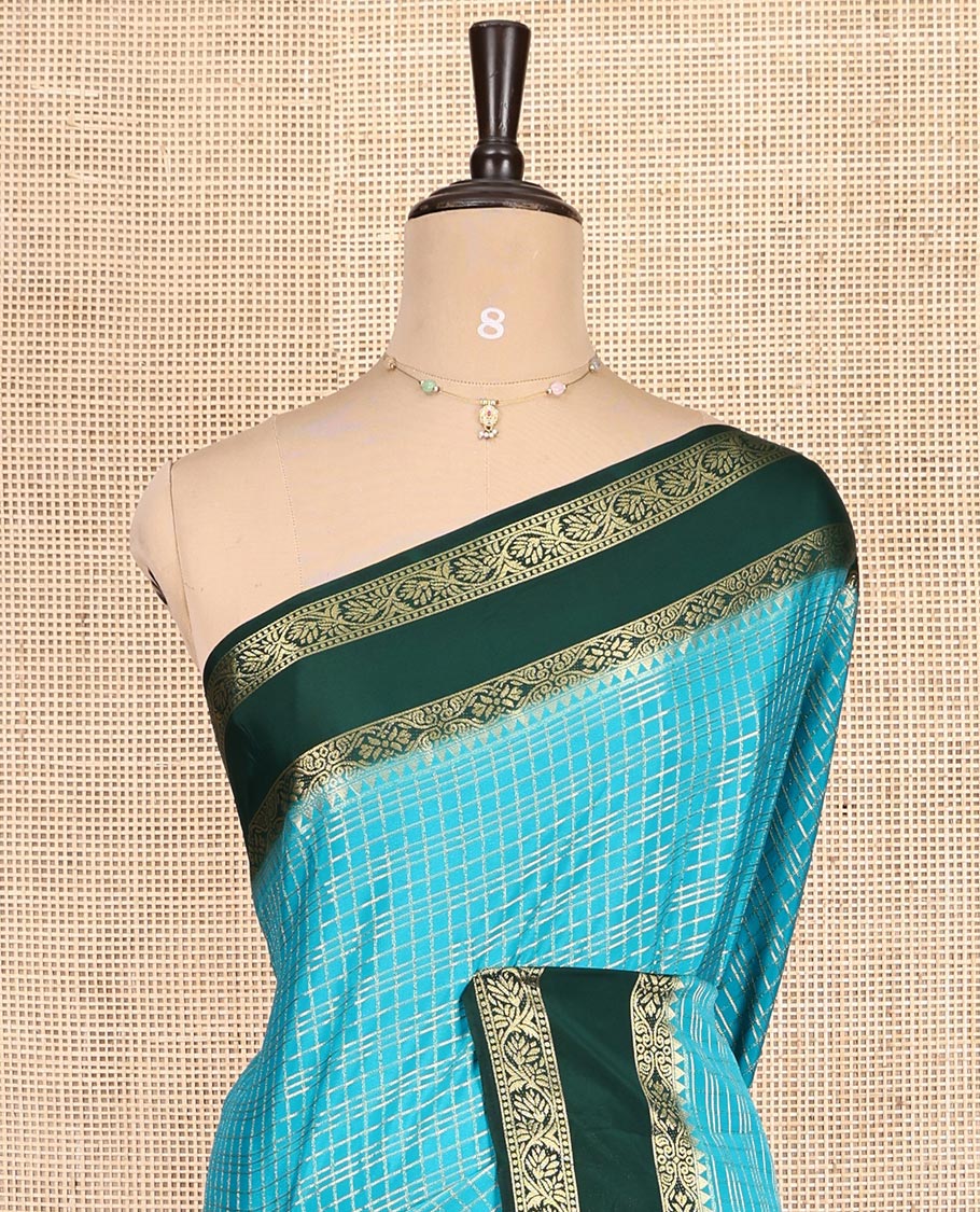 Rama Blue Fancy Mysore Silk Saree Features Checks, Contrast Traditional Double-Pet Border, Rich Pallu, Contrast Blouse