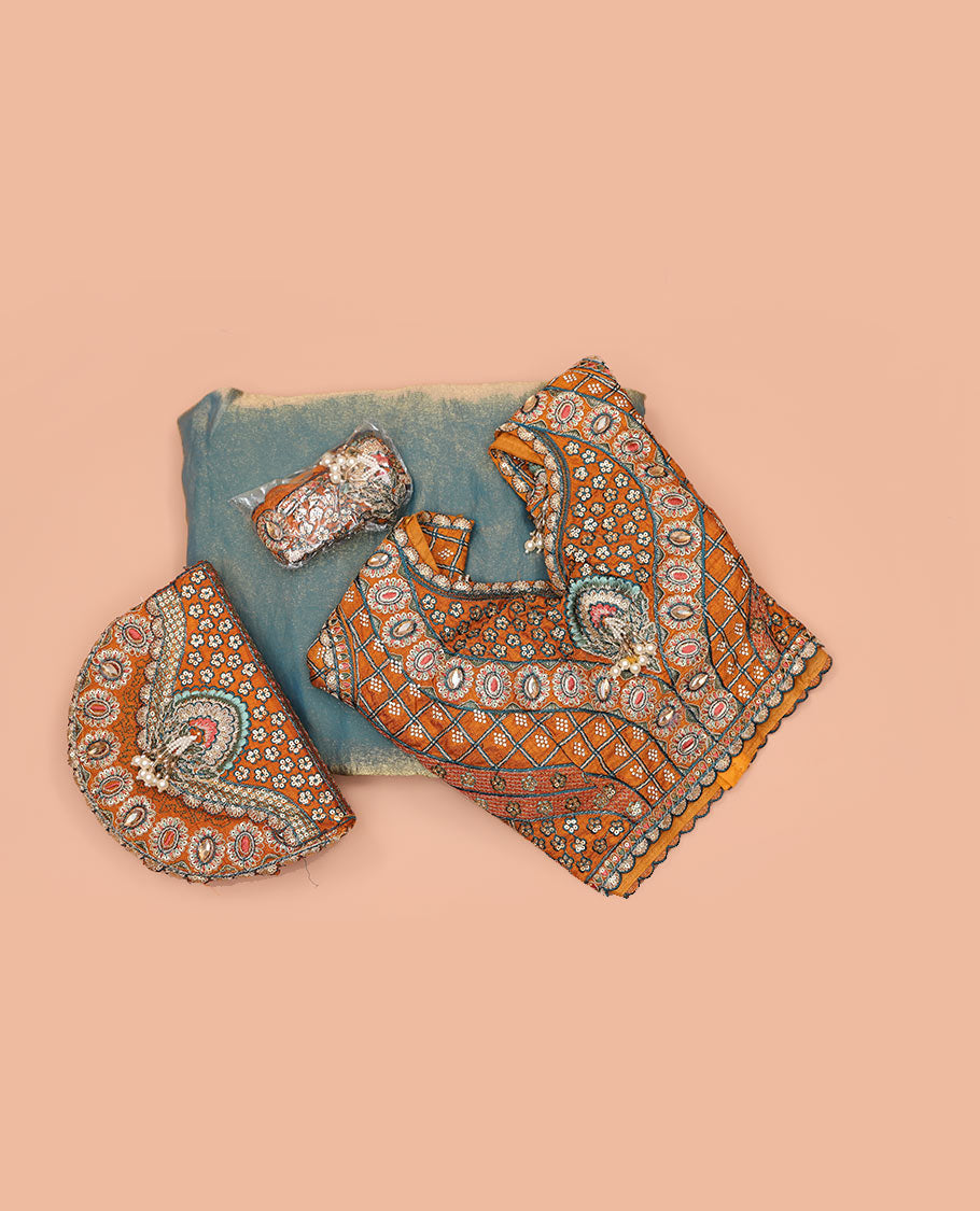 Green Plain Party Wear Designer Saree, Complemented with a Contrast Sweetheart Neck Heavy Embroidered Elbow Sleeve Readymade Blouse, Detachable Embroidered Belt, and a Free Embroidered Flap Sling Bag