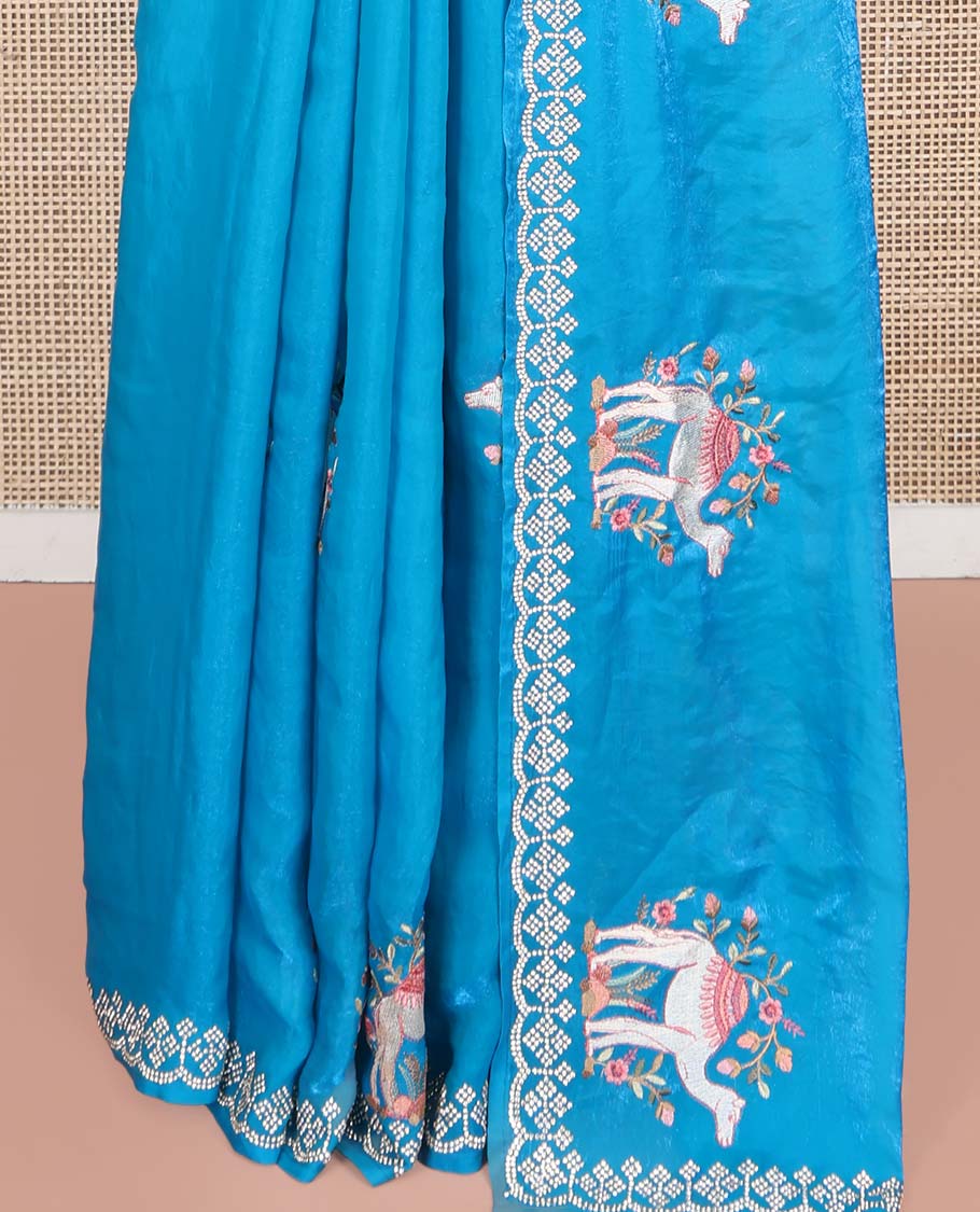 Blue Designer Saree, Finely Crafted with Camel Embroidered Buttas on Its Body, Subtle Scallop Stone Work Border, Self-Pallu of Camel Embroidery Buttas, and Paired with a Matching Blouse