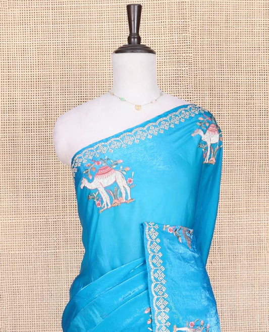 Blue Designer Saree, Finely Crafted with Camel Embroidered Buttas on Its Body, Subtle Scallop Stone Work Border, Self-Pallu of Camel Embroidery Buttas, and Paired with a Matching Blouse