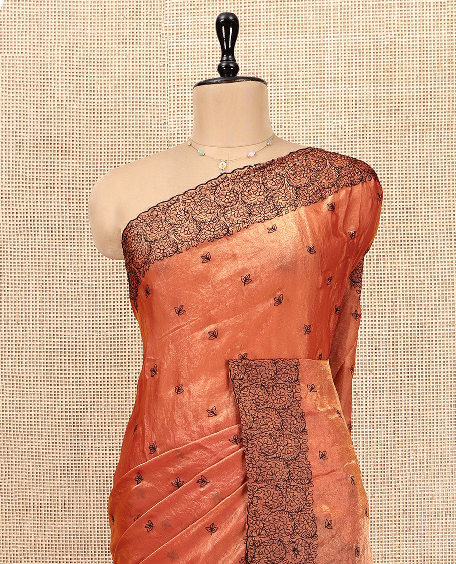 Orange Designer Saree, Beautified with Leaf Motif Embroidery, Scallop Floral Jaal Embroidery Border, and Matching Embroidered Blouse