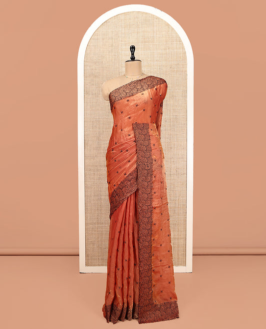 Orange Designer Saree, Beautified with Leaf Motif Embroidery, Scallop Floral Jaal Embroidery Border, and Matching Embroidered Blouse
