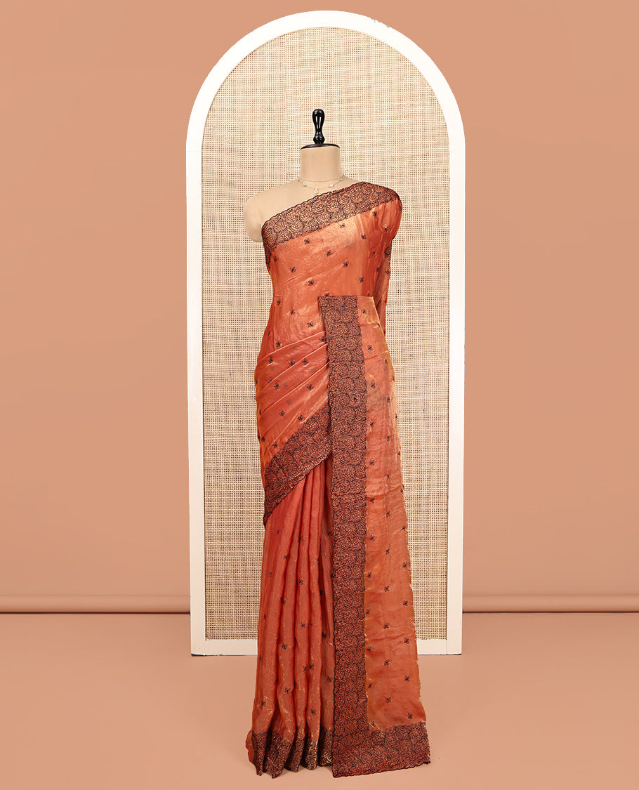 Orange Designer Saree, Beautified with Leaf Motif Embroidery, Scallop Floral Jaal Embroidery Border, and Matching Embroidered Blouse