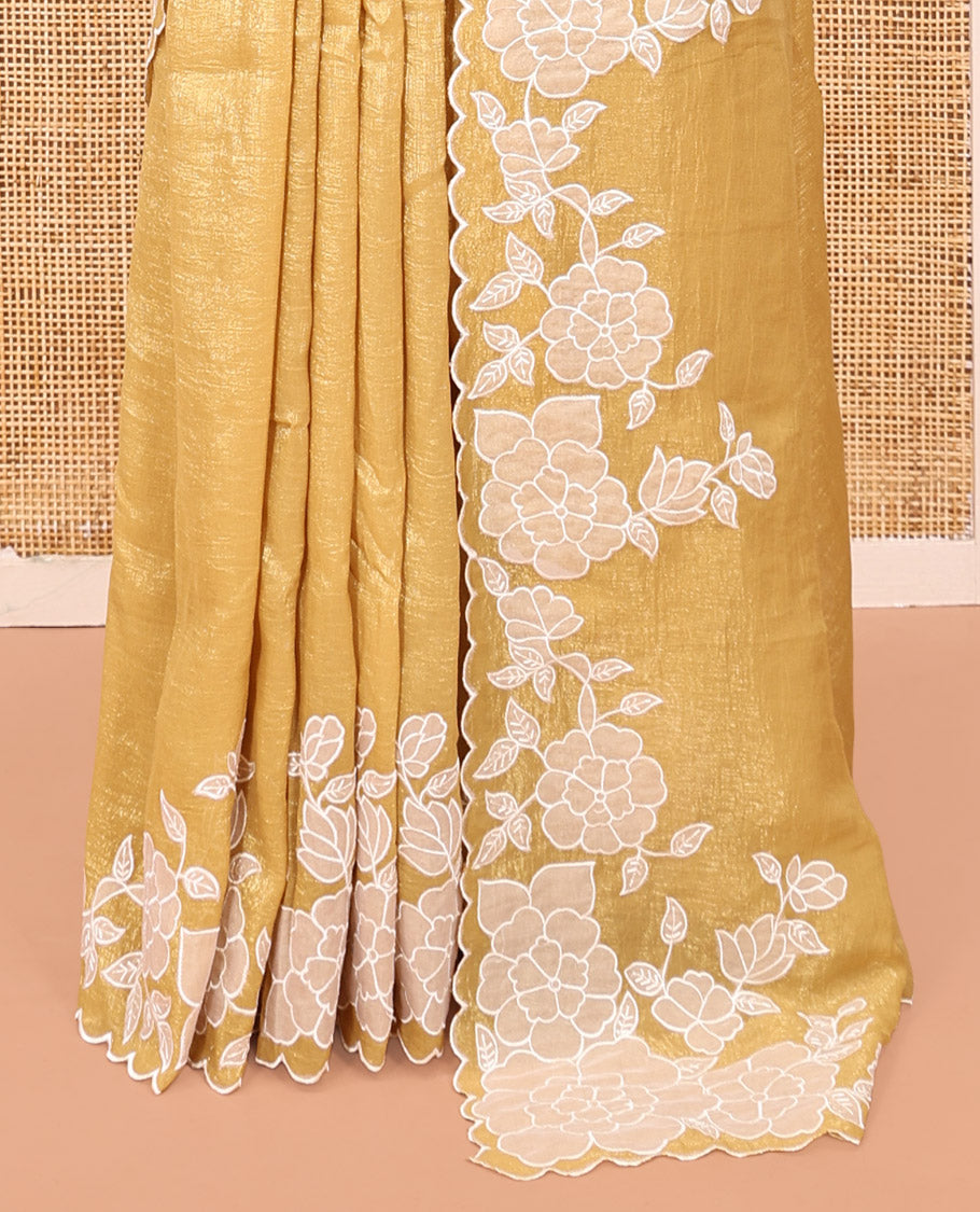 Mustard Plain Organza Saree, Enthralled with Scallop Floral Embroidery Border, and Matching Blouse