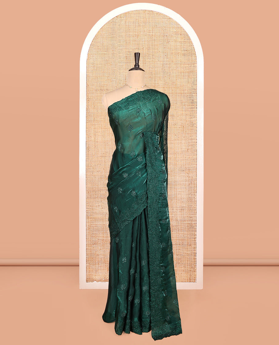 Green Designer Saree, Masterfully Woven with Floral Stone Patchwork, a Scallop Stonework Border, and a Matching Blouse