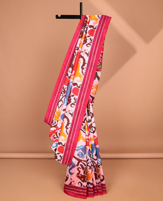 Cream animal motifs ikkat saree with contrast striped border & floral, animal deisgn pallu