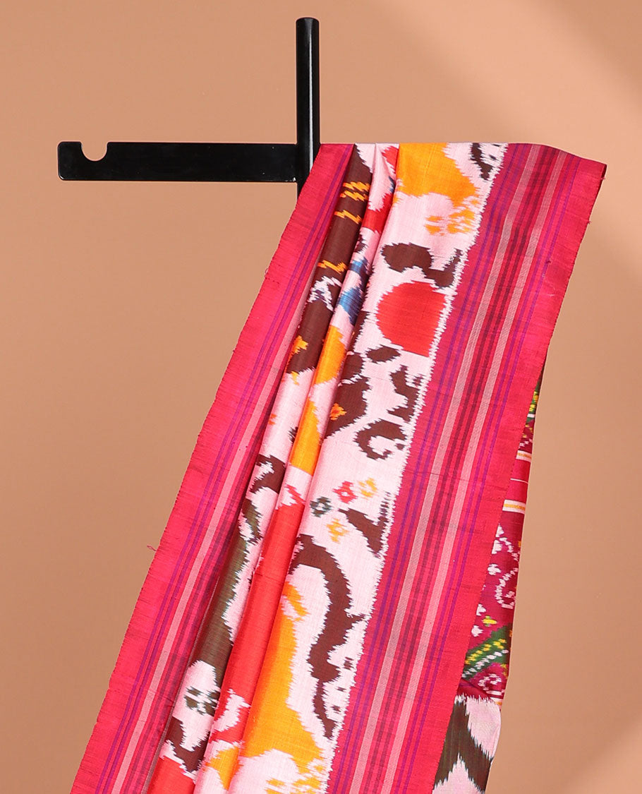 Cream animal motifs ikkat saree with contrast striped border & floral, animal deisgn pallu