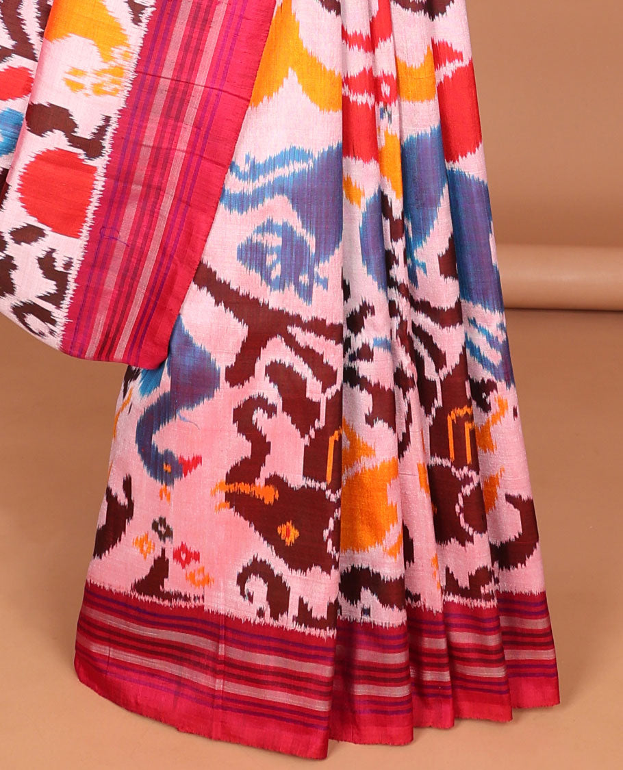 Cream animal motifs ikkat saree with contrast striped border & floral, animal deisgn pallu