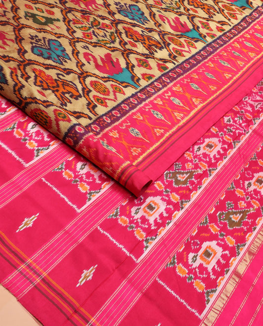 Sandal Ikkat Silk Saree Featuring Kaleidoscopic-Coloured Flora or Fauna Motifs Enclosed in Mughal Jaal, Complemented by a Contrast Ikkat Border, Adorned with a Pallu of Patola Fauna Motifs, and a Plain Contrast Blouse