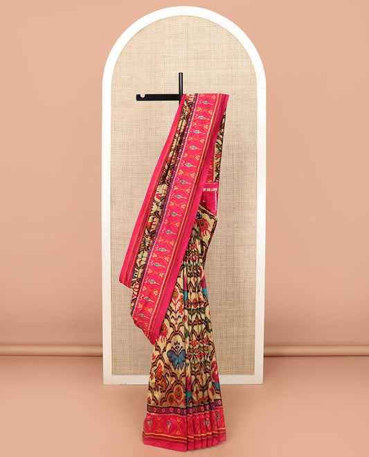 Sandal Ikkat Silk Saree Featuring Kaleidoscopic-Coloured Flora or Fauna Motifs Enclosed in Mughal Jaal, Complemented by a Contrast Ikkat Border, Adorned with a Pallu of Patola Fauna Motifs, and a Plain Contrast Blouse