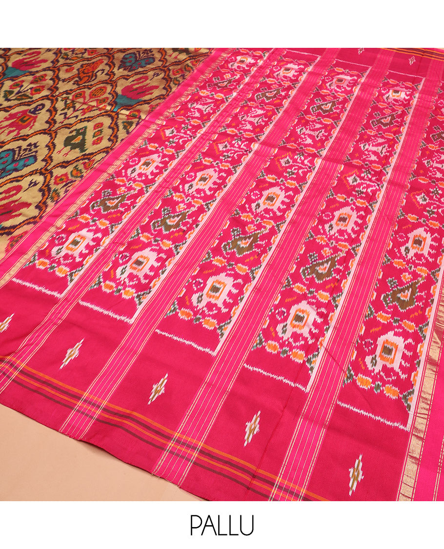 Sandal Ikkat Silk Saree Featuring Kaleidoscopic-Coloured Flora or Fauna Motifs Enclosed in Mughal Jaal, Complemented by a Contrast Ikkat Border, Adorned with a Pallu of Patola Fauna Motifs, and a Plain Contrast Blouse