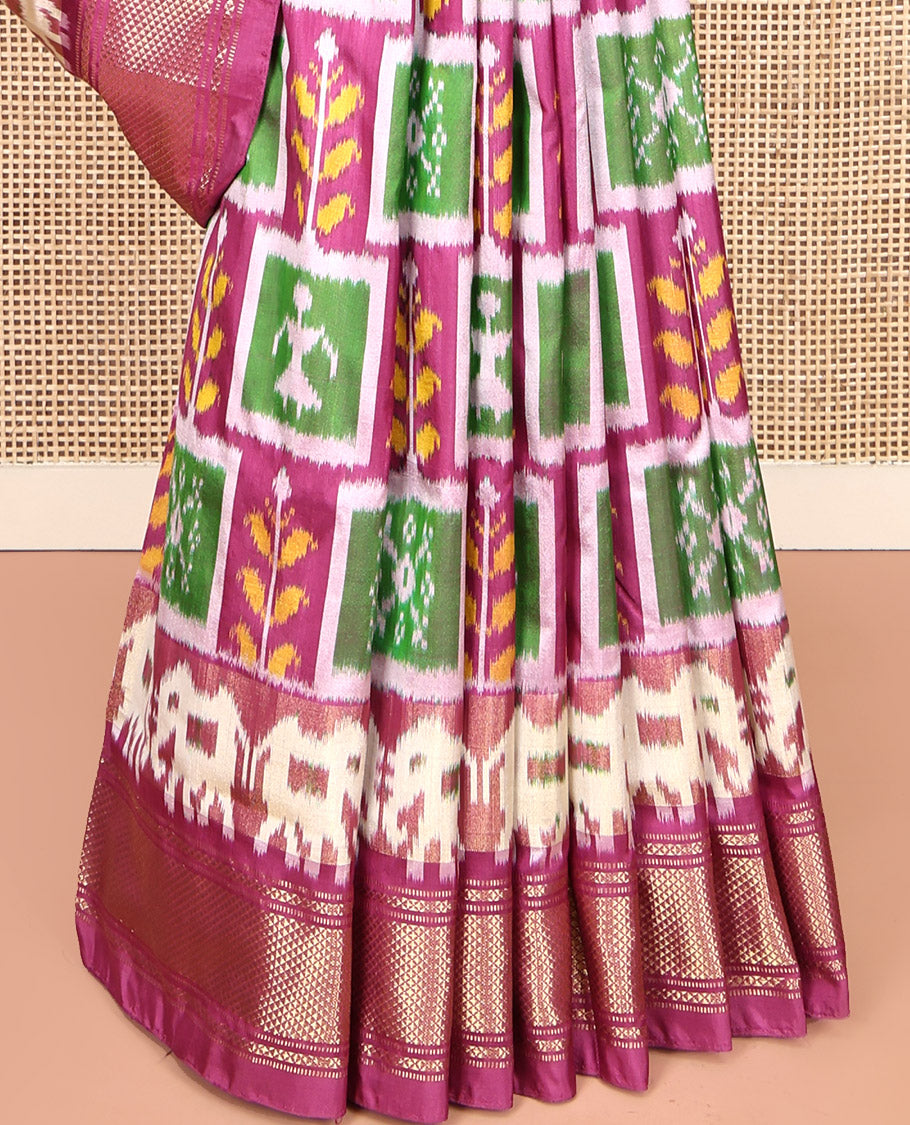 Pink Pochampally Ikat Silk Saree, Meticulously Woven with Ikat Enclosed Checks on Its Body, Highlighted by a Zari Border, Pallu of Jaal Pattern in Ikkat Weave, and Paired with a Matching Blouse
