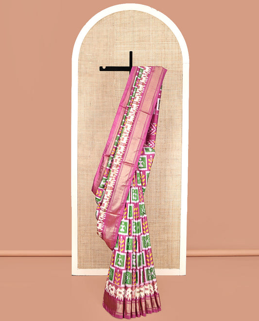 Pink Pochampally Ikat Silk Saree, Meticulously Woven with Ikat Enclosed Checks on Its Body, Highlighted by a Zari Border, Pallu of Jaal Pattern in Ikkat Weave, and Paired with a Matching Blouse