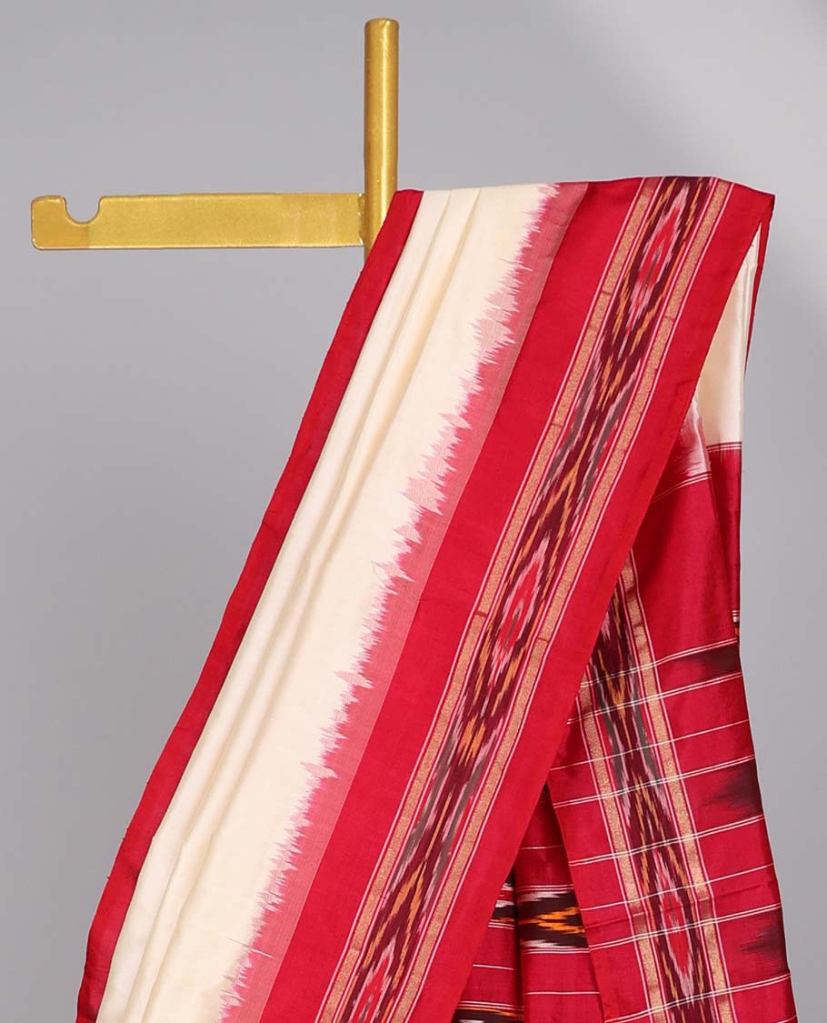 Cream ikkat silk saree with contrast striped border & striped design pallu