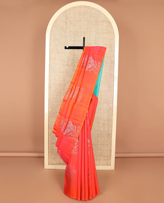 Orange striped, floral design kancheepuram silk sareee with geometric design pallu
