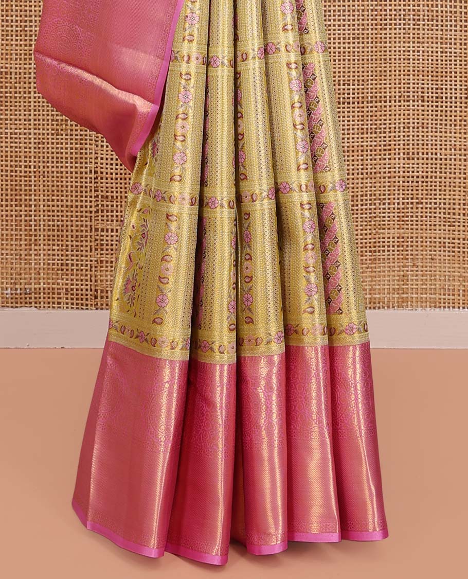 Yellow Kanchipuram Tissue Silk Saree, Finely Crafted with Meenakari Jacquard Designs on Its Body, Complemented by a Contrast Zari Border of Chakram Designs, Intricately Designed Pallu, and Paired with a Contrast Blouse