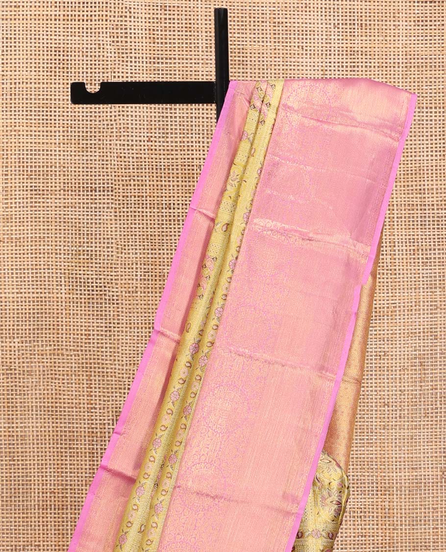 Yellow Kanchipuram Tissue Silk Saree, Finely Crafted with Meenakari Jacquard Designs on Its Body, Complemented by a Contrast Zari Border of Chakram Designs, Intricately Designed Pallu, and Paired with a Contrast Blouse