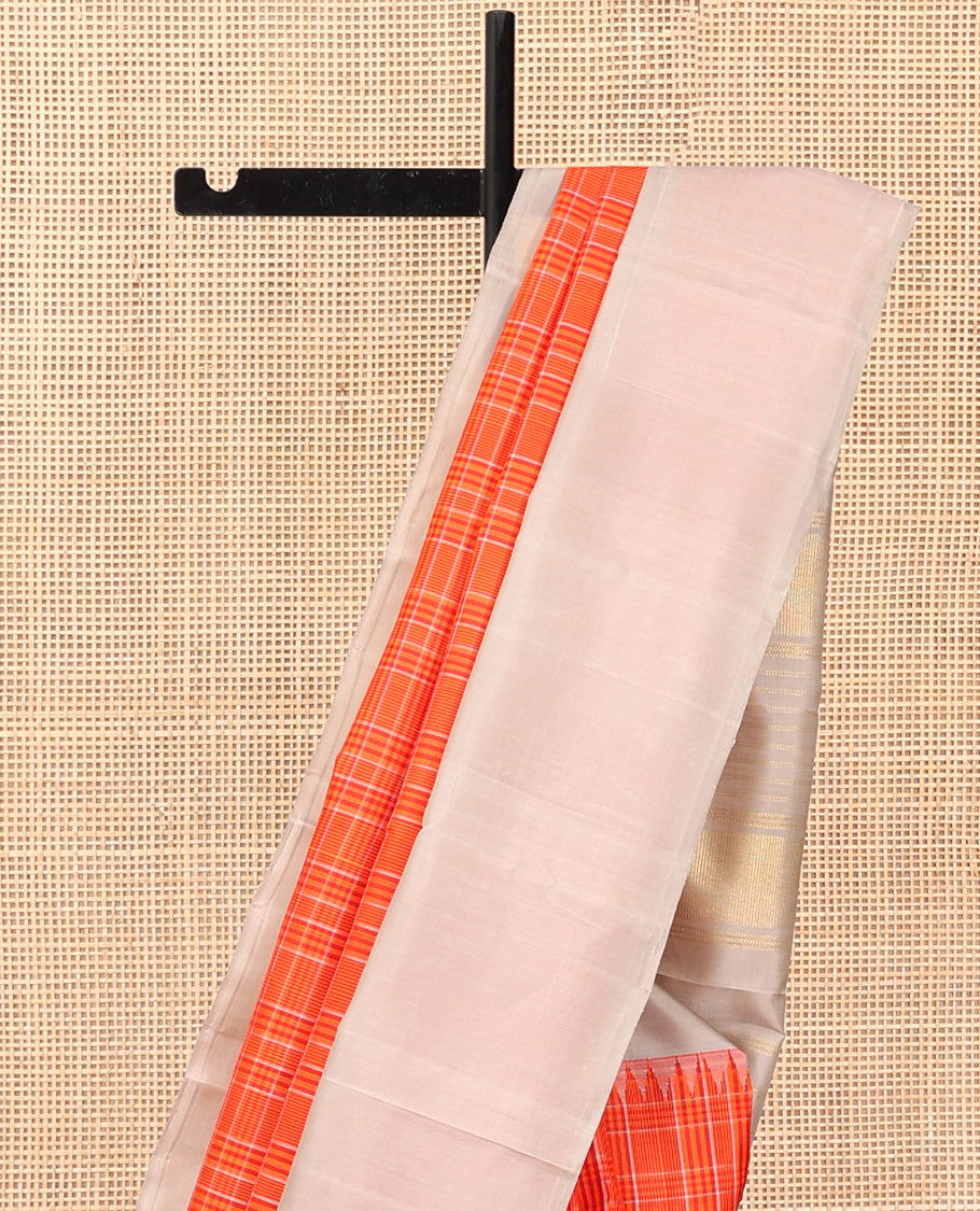 Orange Checked Kanchipuram Silk Saree, Complemented by a Contrast Thazampoo Rekku Border, Zari Design Pallu, and a Contrast Blouse