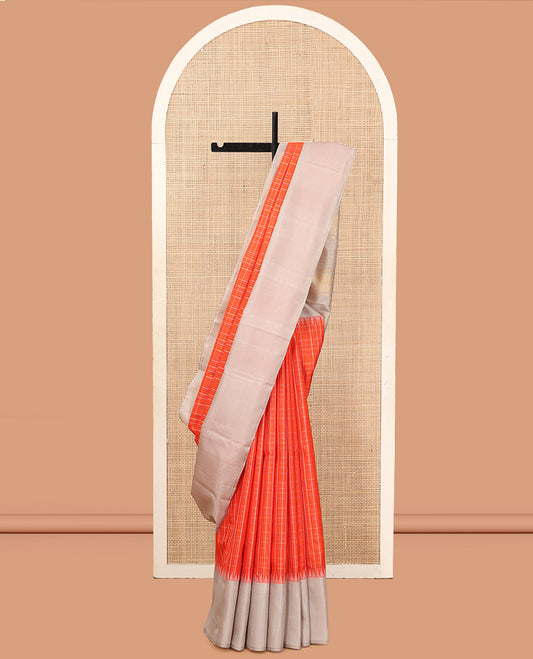 Orange Checked Kanchipuram Silk Saree, Complemented by a Contrast Thazampoo Rekku Border, Zari Design Pallu, and a Contrast Blouse