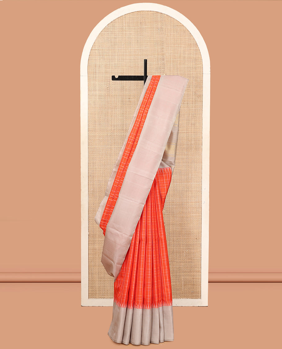 Orange Checked Kanchipuram Silk Saree, Complemented by a Contrast Thazampoo Rekku Border, Zari Design Pallu, and a Contrast Blouse