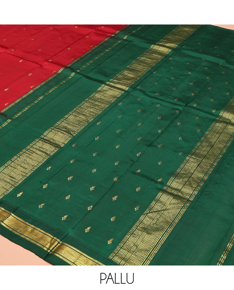 Red Kanchipuram Silk Saree Featuring Zari Buttas, Complemented by a Contrast One-Sided Korvai Zari Design Border, Zari Design Pallu, and No Blouse