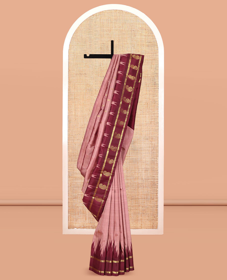 Pale Brown Kanchipuram Silk Saree, Woven with Zari Buttas, Complemented by a Contrast One-Sided Thazampoo Rekku Border of Manga Designs, Zari Woven Pallu, and a No Blouse