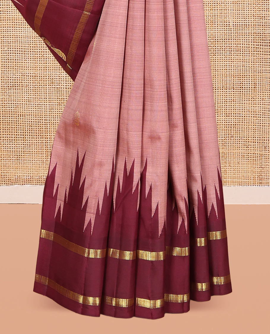 Pale Brown Kanchipuram Silk Saree, Woven with Zari Buttas, Complemented by a Contrast One-Sided Thazampoo Rekku Border of Manga Designs, Zari Woven Pallu, and a No Blouse