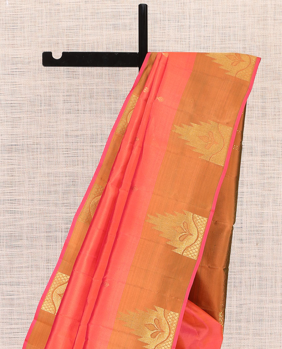 Orange Kanchipuram Silk Saree, Woven with Zari Buttas, a Contrast Thazampoo Rekku Border, Zari Design Pallu, and a Contrast Blouse