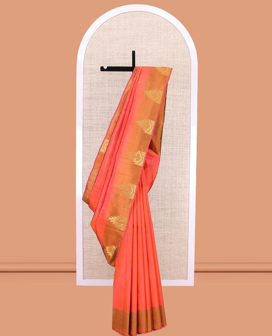 Orange Kanchipuram Silk Saree, Woven with Zari Buttas, a Contrast Thazampoo Rekku Border, Zari Design Pallu, and a Contrast Blouse
