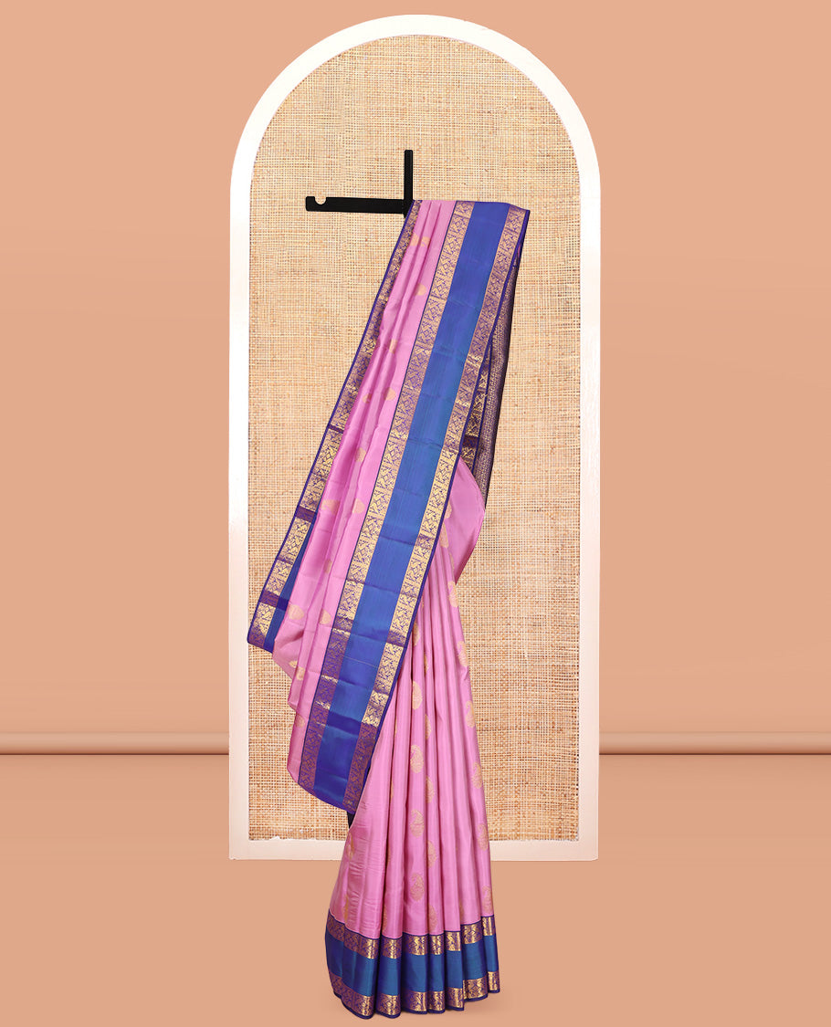 Pink Kanchipuram Silk Saree, Bedecked with Zari Buttas, a Contrast Korvai Rettai Pettu Border of Kili Designs, Butta Enclosed Checked Pallu, and a Contrast Blouse