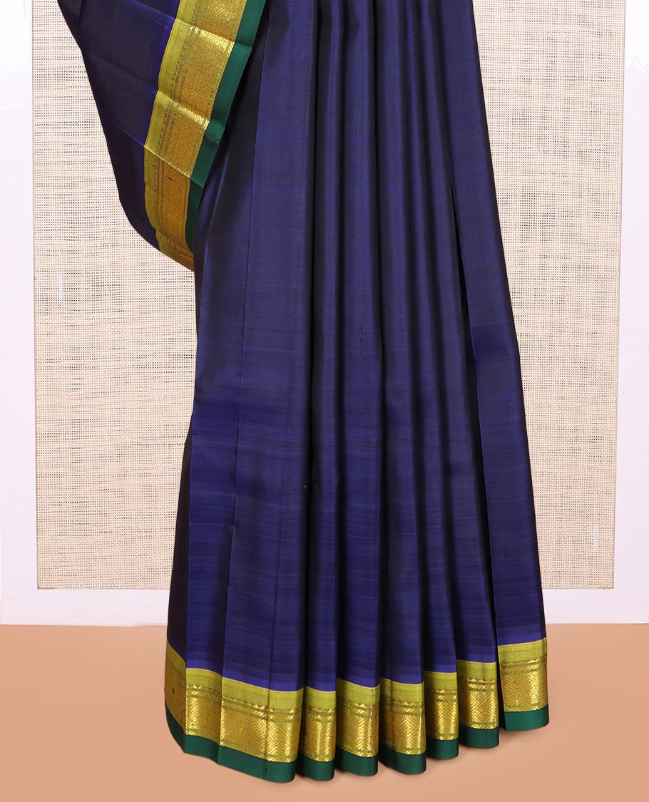 Blue Plain Kanchipuram Silk Saree, a Contrast One-sided Border of Rekku, Banaras, and Jaal Designs, Zari Striped Pallu, and No Blouse