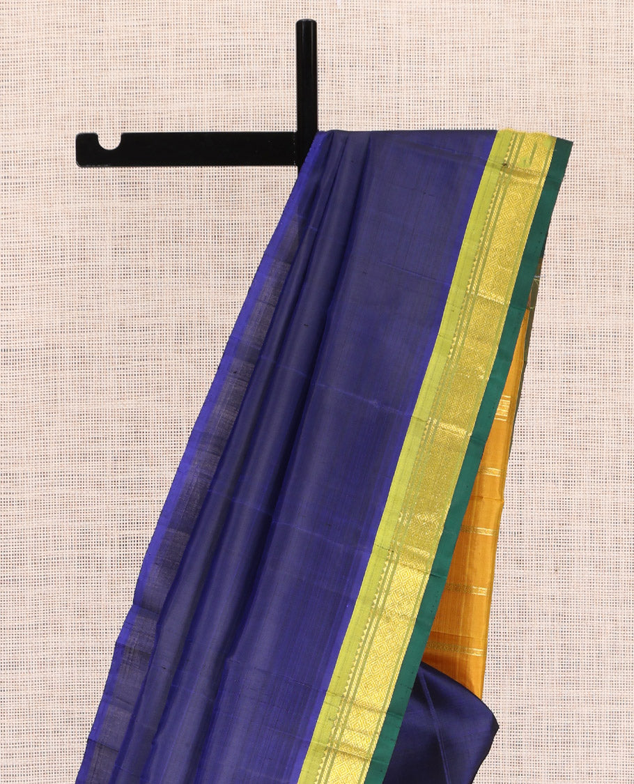 Blue Plain Kanchipuram Silk Saree, a Contrast One-sided Border of Rekku, Banaras, and Jaal Designs, Zari Striped Pallu, and No Blouse