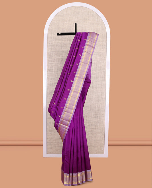 Purple Kanchipuram Silk Saree, Embellished with Zari Buttas, a Contrast One-Sided Border of Paneer Sombu, Banaras and Diamond Design, Zari Design Pallu, and No Blouse
