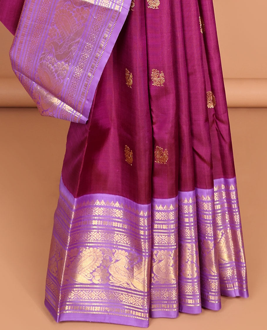 Purple kancheepuram silk saree with contrast korvai zari design border & intricate zari design pallu
