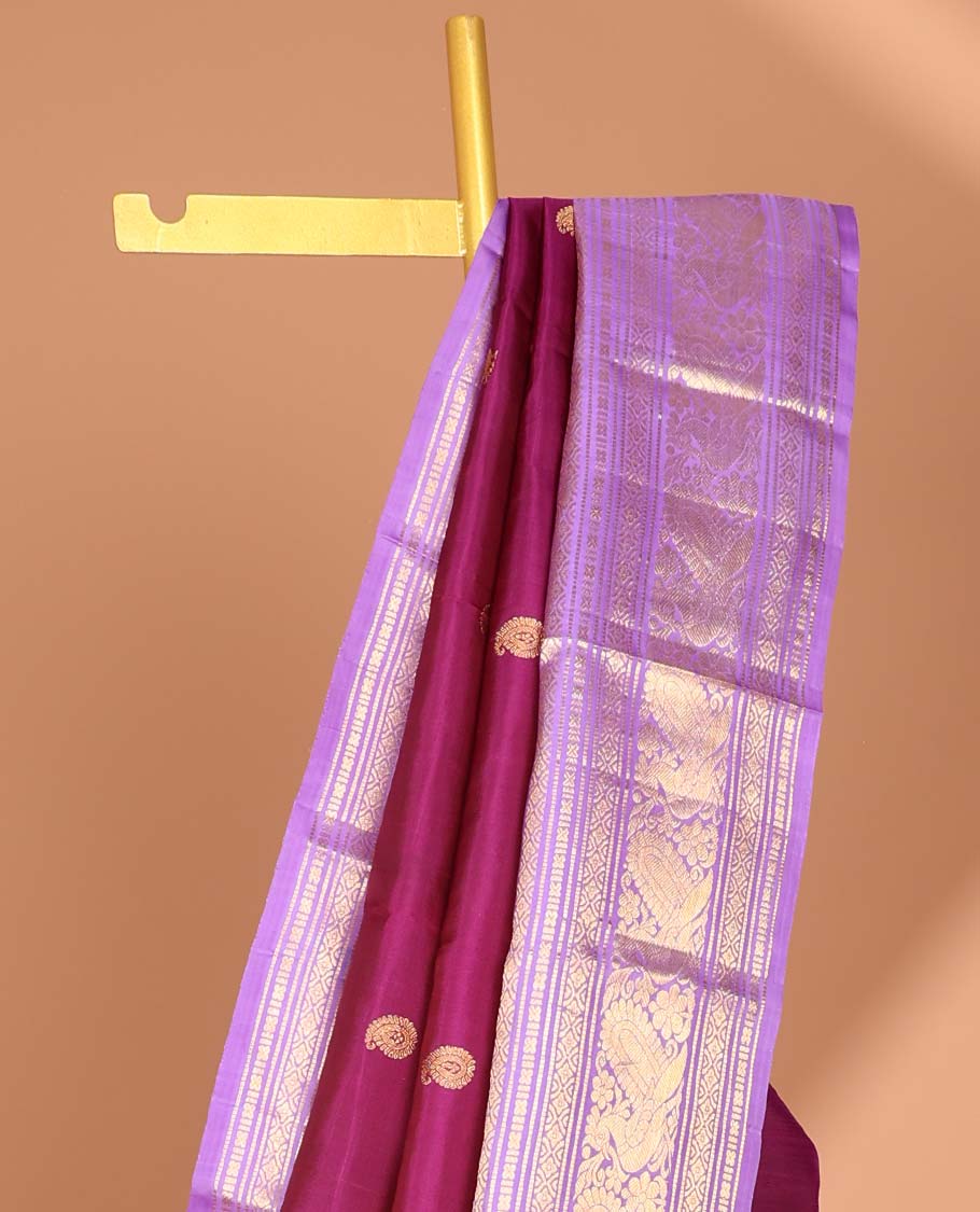 Purple kancheepuram silk saree with contrast korvai zari design border & intricate zari design pallu