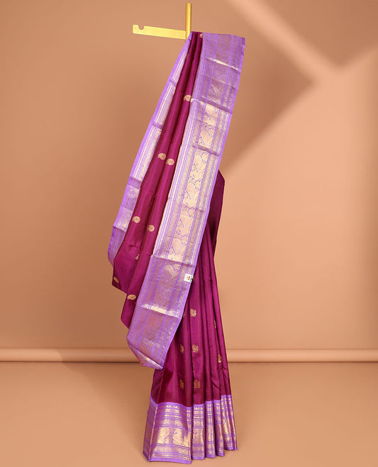 Purple kancheepuram silk saree with contrast korvai zari design border & intricate zari design pallu