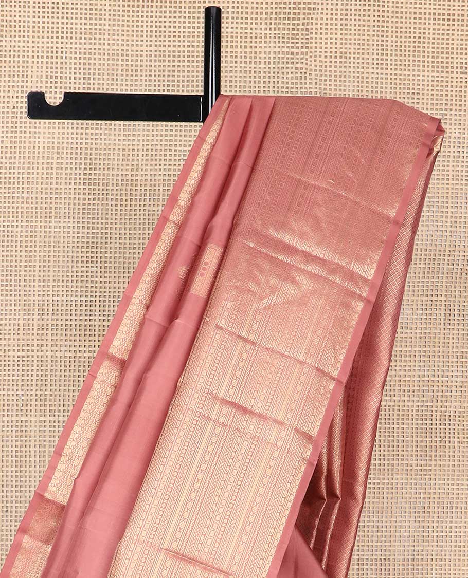 Brown buttas kancheepuram silk saree with intricate zari design border & geometric design pallu