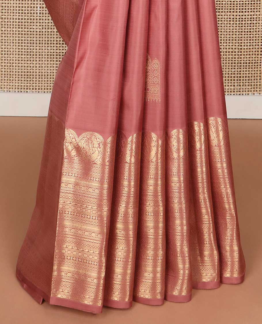 Brown buttas kancheepuram silk saree with intricate zari design border & geometric design pallu