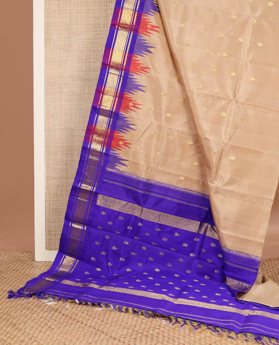 Sandal zari buttas kanchipuram silk saree, contrast one-sided thazampoo rekku border of salngai,banaras & jaal & zari design pallu