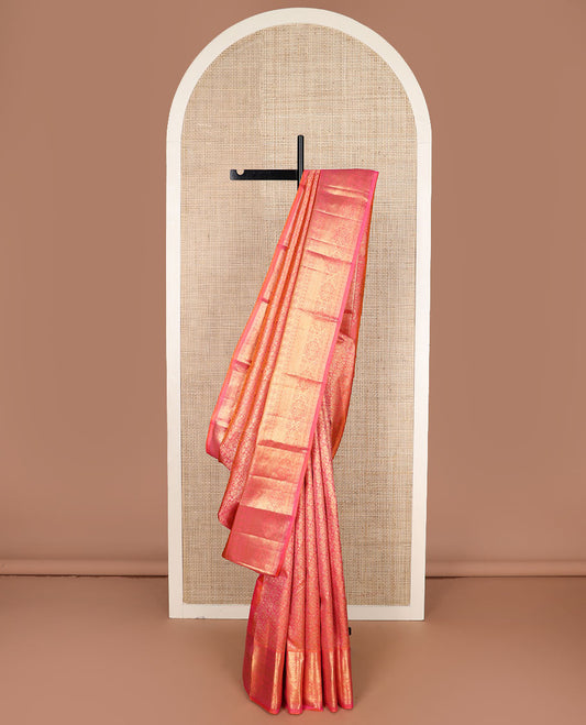 Pink zari floral jacquard Kanchipuram silk saree, traditional zari border & intricate motifs pallu woven in zari