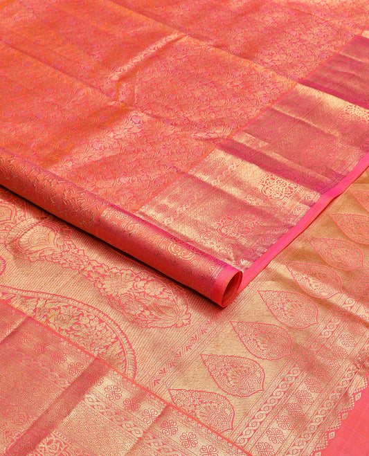 Pink zari floral jacquard Kanchipuram silk saree, traditional zari border & intricate motifs pallu woven in zari
