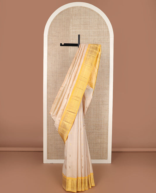 Sandal zari buttas Kanchipuram silk saree, contrast border of panner sombu, banaas, muthu & jaal design & zari design pallu
