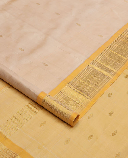 Sandal zari buttas Kanchipuram silk saree, contrast border of panner sombu, banaas, muthu & jaal design & zari design pallu